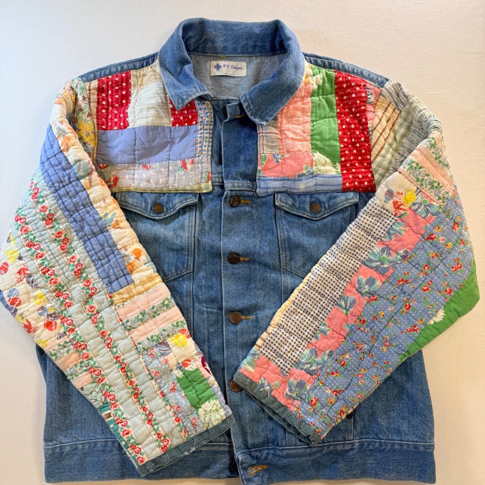 BJ Designs Quilted Patchwork Denim Jacket Womens L Blue Multi Excellent Boho